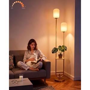 Lightdot 63IN Gold Dimmable Floor Lamp with Table, Mid Century Modern Tall Standing Lamps with 3000K Bulbs Included, Unique Vintage Floor Lamp for Living Room/Bedroom/Sofa Beside/Corner Decor