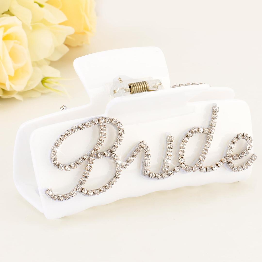 Atoden Bride Hair Claw Clips Rhinestone Bride Logo White Large Acrylic Clips for Bridal Shower Bachelorette Party Decorations Wedding Hair Accessories Engagement Bridesmaid Gifts