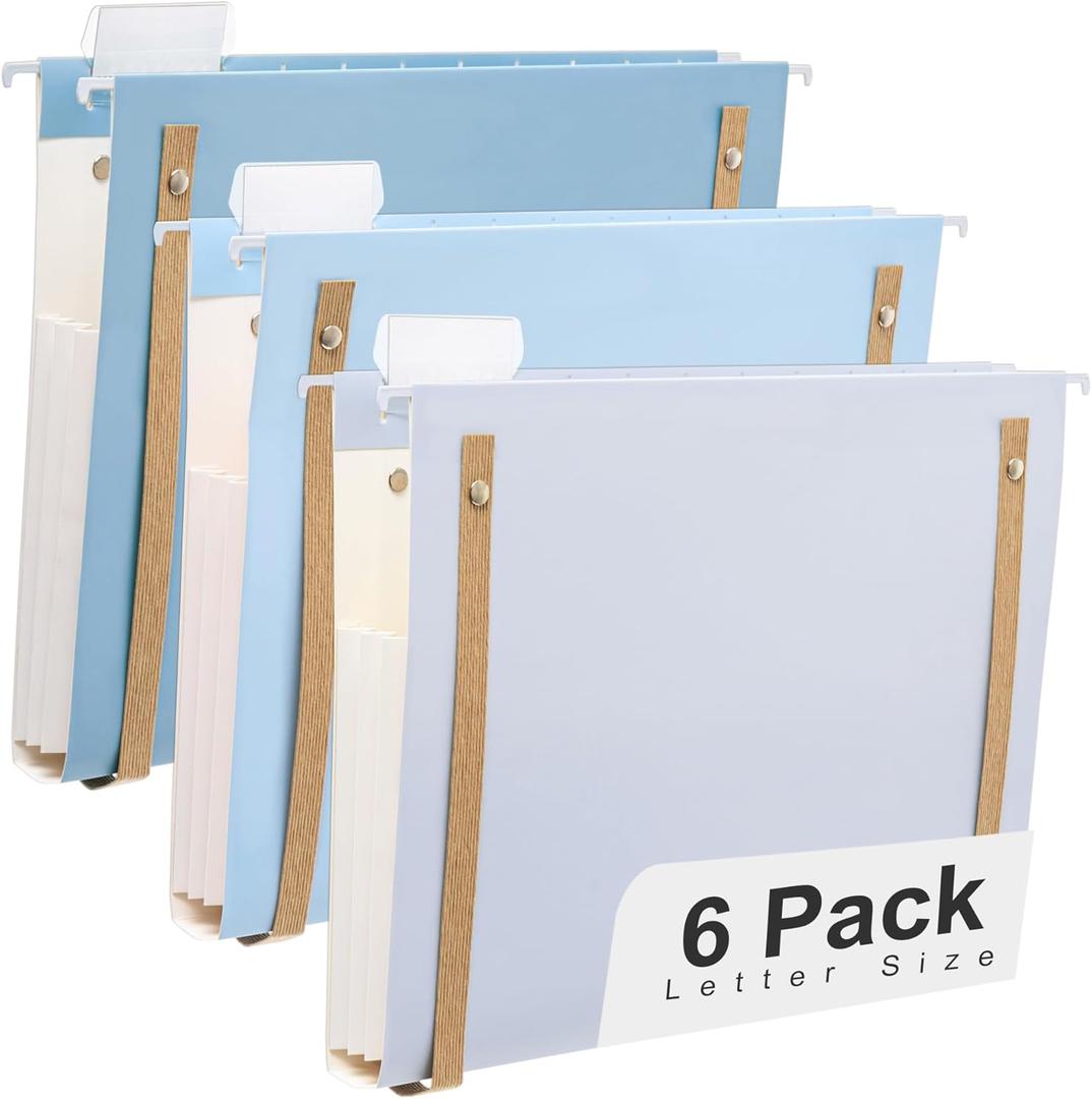 Y YOMA 6 Pack Extra Capacity Hanging File Folders with Handle Letter Size Accordion Decorative Reinforced File Folder Cute Colored Expandable Portable Folder with 1/5-Cut Adjustable Tabs, Lake Blue