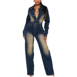 Mandonce Long Sleeve Denim Jumpsuit for Women Straight Leg Washed Stretch Jean Jumpsuit with Belt Loose Fit Rompers Casual (Small, Blue)