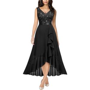 Miusol Women's Vintage V-Neck Sleeveless Sequined Floral Lace Ruffle Split Evening Party Dress XL
