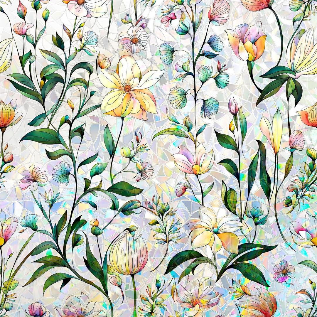 Stained Glass Window Privacy Film – Static Cling Decorative Rainbow Window Film, No Adhesive UV Blocking Sun Cling for Bathroom, Bedroom, Glass Doors, Removable Yellow Floral, 23.6 x 78.7 in