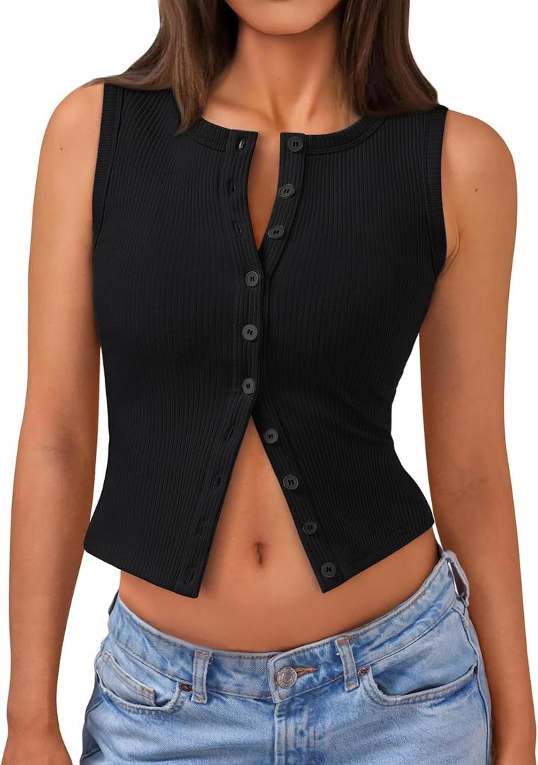 Trendy Queen Womens Ribbed Button Down Sleeveless Shirts Summer Going Out Cropped Tank Top (Small, Black)