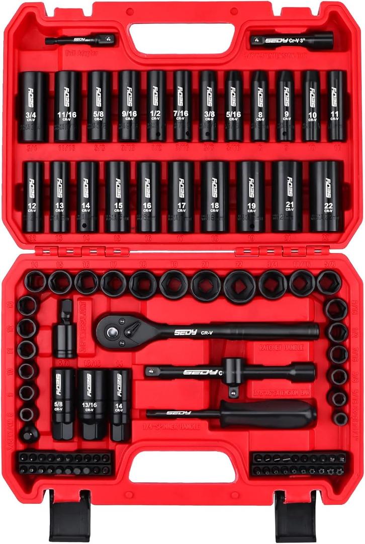 96-Piece 3/8" Drive Impact Socket Wrench and Bit Set, SAE 5/16-3/4 & Metric 8-22mm, Cr-V Standard & Deep Sockets, Power Bits, Ratchet Handle, Universal Joint, Bit Holder, Adapters, Spark Plug Socket