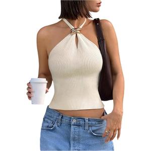 Verdusa Women's Sexy Ribbed Halter Tops Sleeveless Cropped Going Out Tops for Date Night S