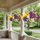2 Set Artificial Outdoor Flowers with Hanging Baskets,24 Pcs UV Resistant Faux Petunias Flowers with Hanging Planter for Front Door Porch Spring Outside Decor (2, White,Yellow,Purple,RedViolet)