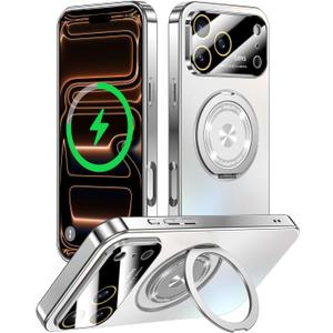 for iPhone 17 Pro Max Case with Spin Magnetic Stand [Integrated Camera Cover] [Fit for MagSafe] Slim Shockproof Protection Phone case with Kickstand 6.9'', Silver