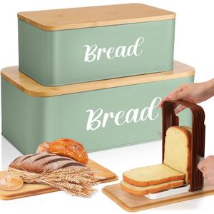 2 Pcs Extra Large Bread Box with Slicer, Metal Farmhouse Bread Storage Container with Bamboo Cutting Board Lids Multi-size Breadbox Set for Kitchen Countertop (Sage Green) 2 Pcs Extra Large Bread Box with Slicer, Metal Farmhouse Bread Storage Container with Bamboo Cutting Board Lids Multi-size Breadbox Set for Kitchen Countertop (Sage Green)