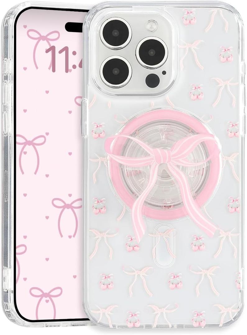 Magnetic Case for iPhone 17, 3D Pink Magnetic Stand Bowknot Phone Case, Cute Pink Clear Bow Aesthetic Design Soft Durable TPU Transparent Protective Cover for Women Girls-01