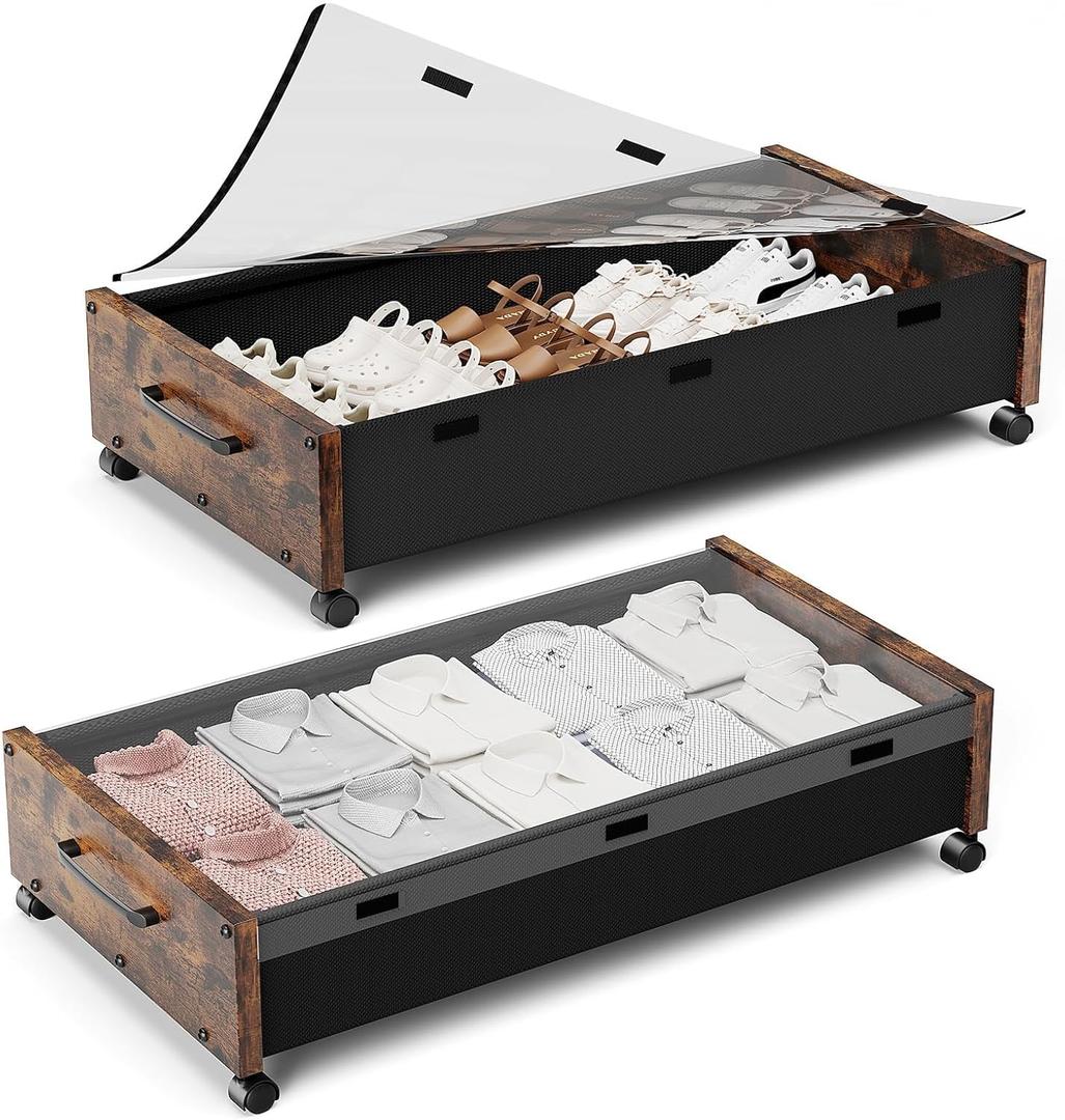 Under Bed Storage with Wheels, Rolling Underbed Storage Drawers, Wooden Under the Bed Storage with Remove Lid, Large Metal Storage Bins for Shoes Blankets Clothes Bedrooms Dorms (Vintage Brown-2pack)