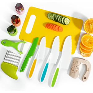 Kids Kitchen Knife Set, 11 Pcs Montessori Kitchen Tools for Toddlers 3+ Real Cooking, Includes Kid Knives, Crinkle Cutter, Sandwich Cutters, Peeler, Cutting Board, Ideal for Birthday Gifts