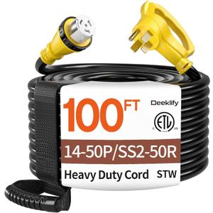 100FT 40 Amp Generator Cord, NEMA 14-50P/SS2-50R Heavy-Duty 4 Conductors Cable, Pure Copper STW RV Extension Cord, Female Plug with Twist Lock, Suitable for RV or Camper, ETL Listed