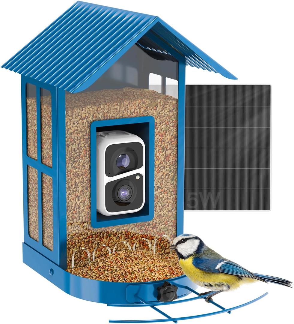 Bird Feeder with Camera with AI Identify Species, Wild Bird Watching, 2K Live View, Instant Arrival Alerts with 5W Solar Powered-Soliom BF08 Metal Blue