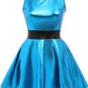 Womens Metallic Sleeveless 70s Skater Dress Club Party Disco Dance Holographic Dresses Halloween Rave Costume Clubwear (Large, Blue)