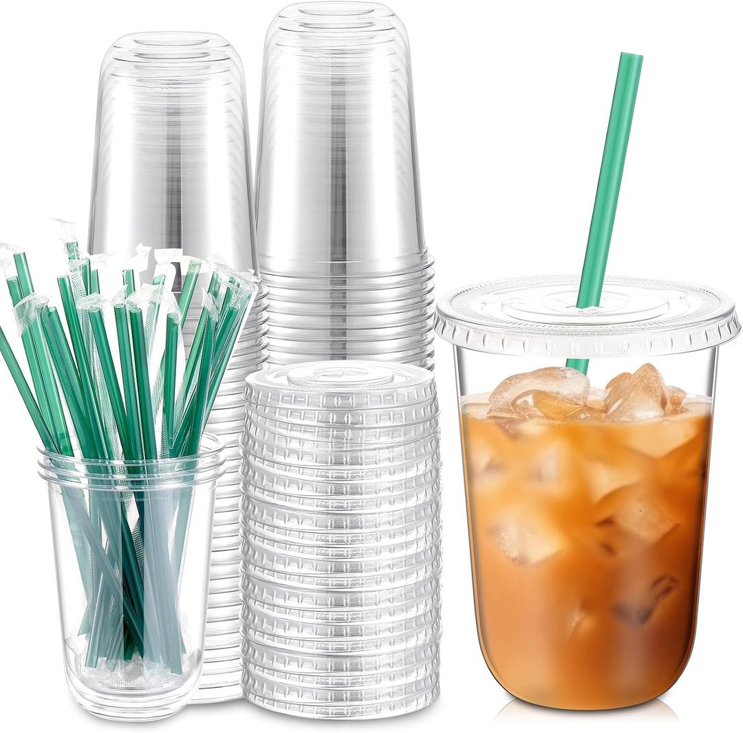 Baderke 50 Sets Clear Plastic Cups with Lids and Straws Disposable Plastic Iced Coffee Cups for Cold Beverage Juice Smoothie Coffee and Party Catering (16 oz)