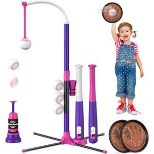 HYES 4 in 1 T Ball Sets for Kids 3-5 with Toss and Catch Ball Set, Hanging Tee Stand with Auto Pitching Machine/ 2 Bats, Indoor Outdoor Toys Baseball Gifts for Toddler Boys Girls, Purple