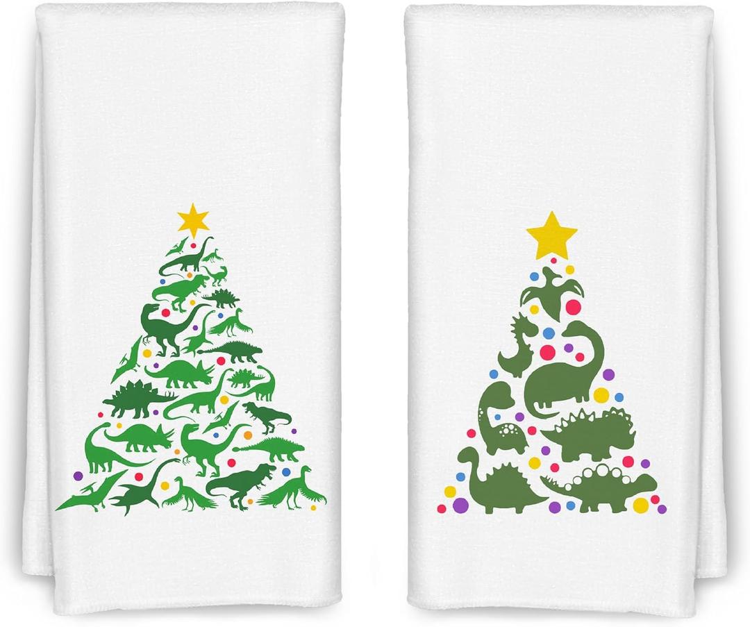 Dinosaur Christmas Tree Hand Towels Set of 2 for Kids Boys Bathroom,Dinosaur Kitchen Kids Bathroom Decor 16x24 Inches