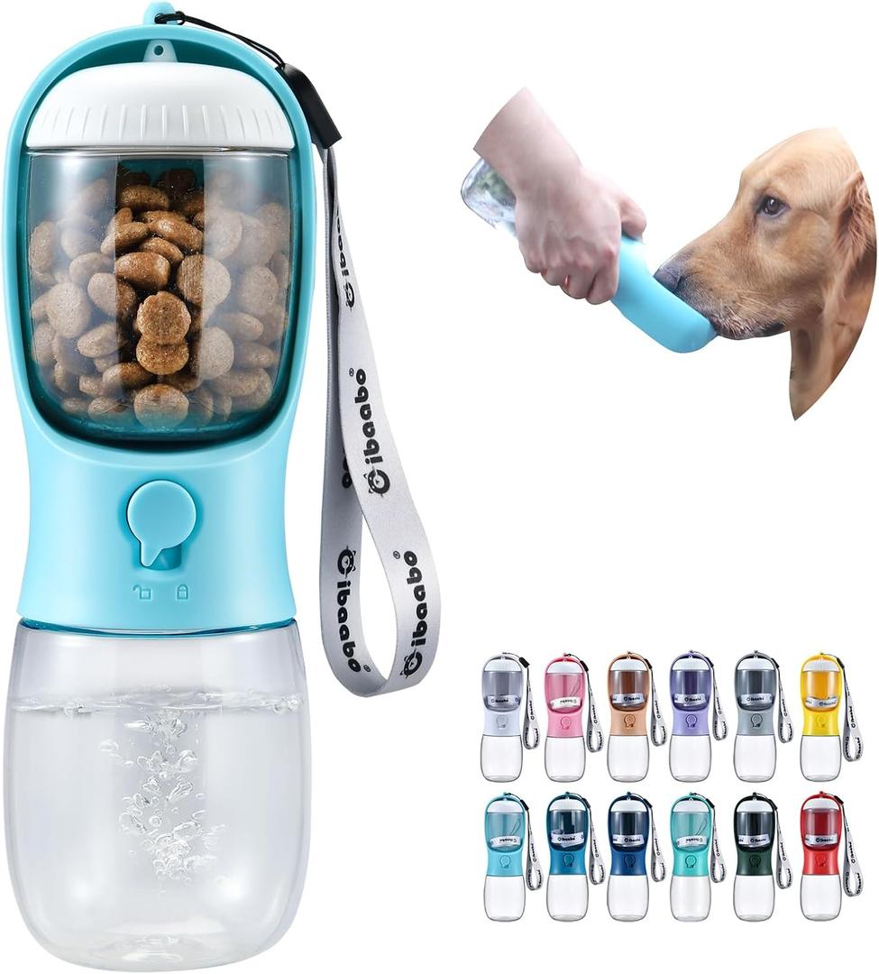 Dog Water Bottle with Food Container, Travel Puppy Water Bowl, Portable Pet Dispenser, Cat Walking and Hiking Dog Gift (10oz, #01 Blue)