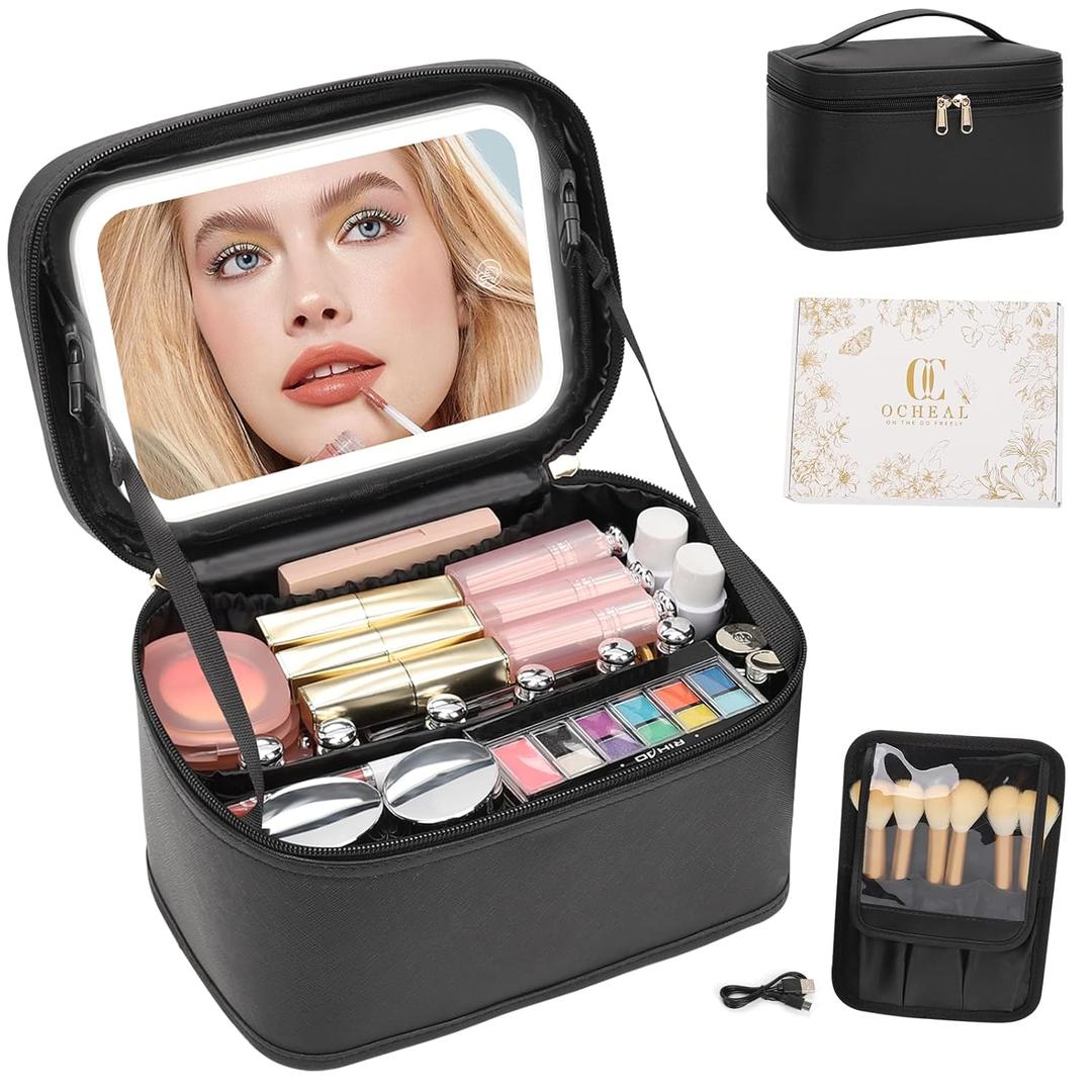 OCHEAL Makeup Bag With LED Mirror, Travel Makeup Bag With 3 Color Setting Light Up Mirror Cosmetic Makeup Organizer Vanity Case for Women Beauty Tools Accessories Rechargeable Makeup Travel Bag-Black