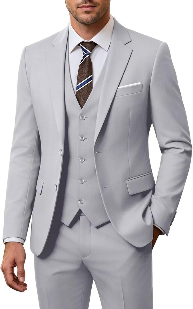 Men's 3 Piece Slim Fit Suit Set, Jacket Vest and Pants for Men (Gray, 5XL)