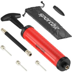 SPORTBIT Ballpump for Sports Balls - Basketball Pump for Sport Balls - Football & Soccer, Basketball, Volleyball Pump, Swim Inflatables - Hand Air Pump with 3 Needles, Nozzle, Extension Hose, Pouch (Red)