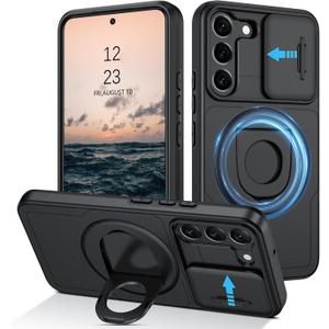 DUEDUE for Samsung Galaxy S22 Case Magnetic[Compatible with Magsafe], Built-in Slide Camera Cover Shockproof Heavy Duty Protective Kickstand Phone Case for Samsung S22 6.1", Black