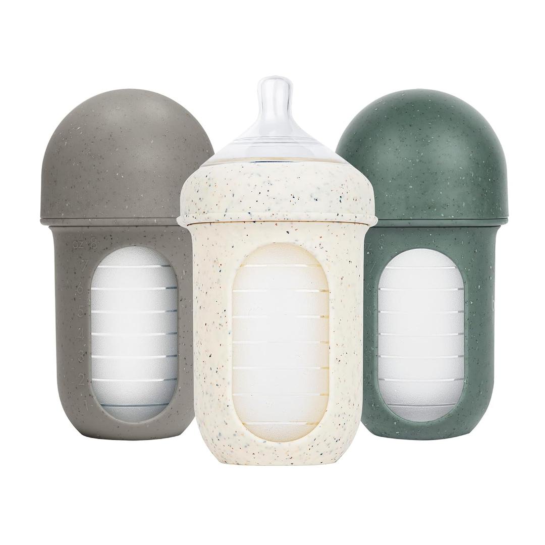 Boon Nursh Bottles - Silicone Baby Bottles Help Ease Colic Symptoms - Reusable Food-Grade Silicone Pouches with Polypropylene Shell - Medium Flow - 8 Oz - Speckle Green