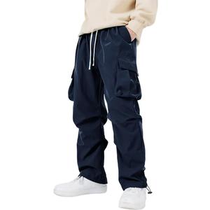 WZIKAI Men's Parachute Cargo Pants Trendy Casual Parachute Pant Baggy Drawstring Hip Hop Harem Pants with Pockets (X-Large, Navy Blue)