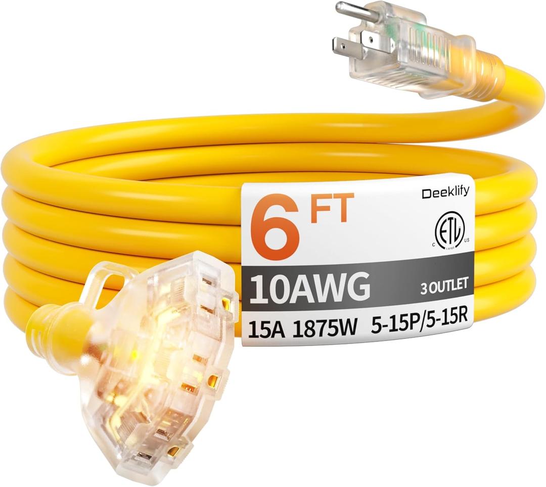 6 ft 10 Gauge Heavy Duty 3 Outlet Extension Cord Splitter with Indicator, Waterproof Outdoor Extension Cord with Multiple Outlets, 15A 1875W for Workshop, ETL Listed, Flexible Yellow SJTW