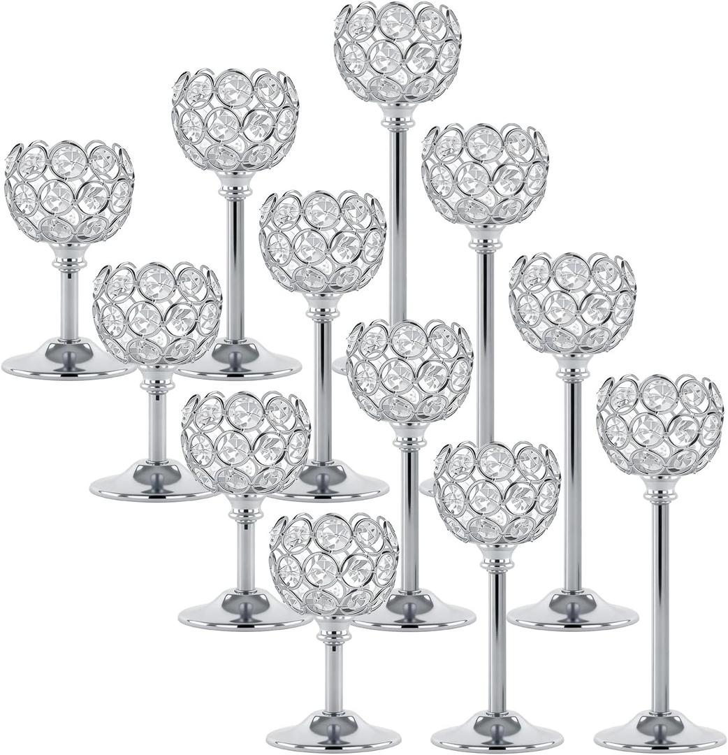 Silver Crystal Tealight Candle Holders Set of 12 (4 Sets) - Tall Bling Bowl Candelabra Centerpieces for Dining Table, Wedding, Party & Fireplace Mantel Decor