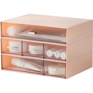 MILULUGO Desk Organizer with 6 Drawers, Makeup Organizer, Plastic Makeup Storage, Cosmetic Storage Organizer, Desk Storage Box, Bathroom Organization Boxes, Desktop Storage Box(Pink)