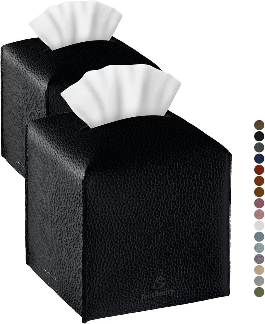 Tissue Box Cover, Jeethemy Square PU Leather Tissue Box Holder, Modern Tissue Case Facial Paper Organizer Dispenser5X5X5'',Double Black