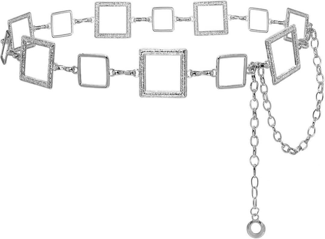 FGSS Western Chain Belt for Women Gold Link Belts Metal Waist Belly Chain Adjustable Boho Cowgirl Belt for Dresses Jeans, Silver