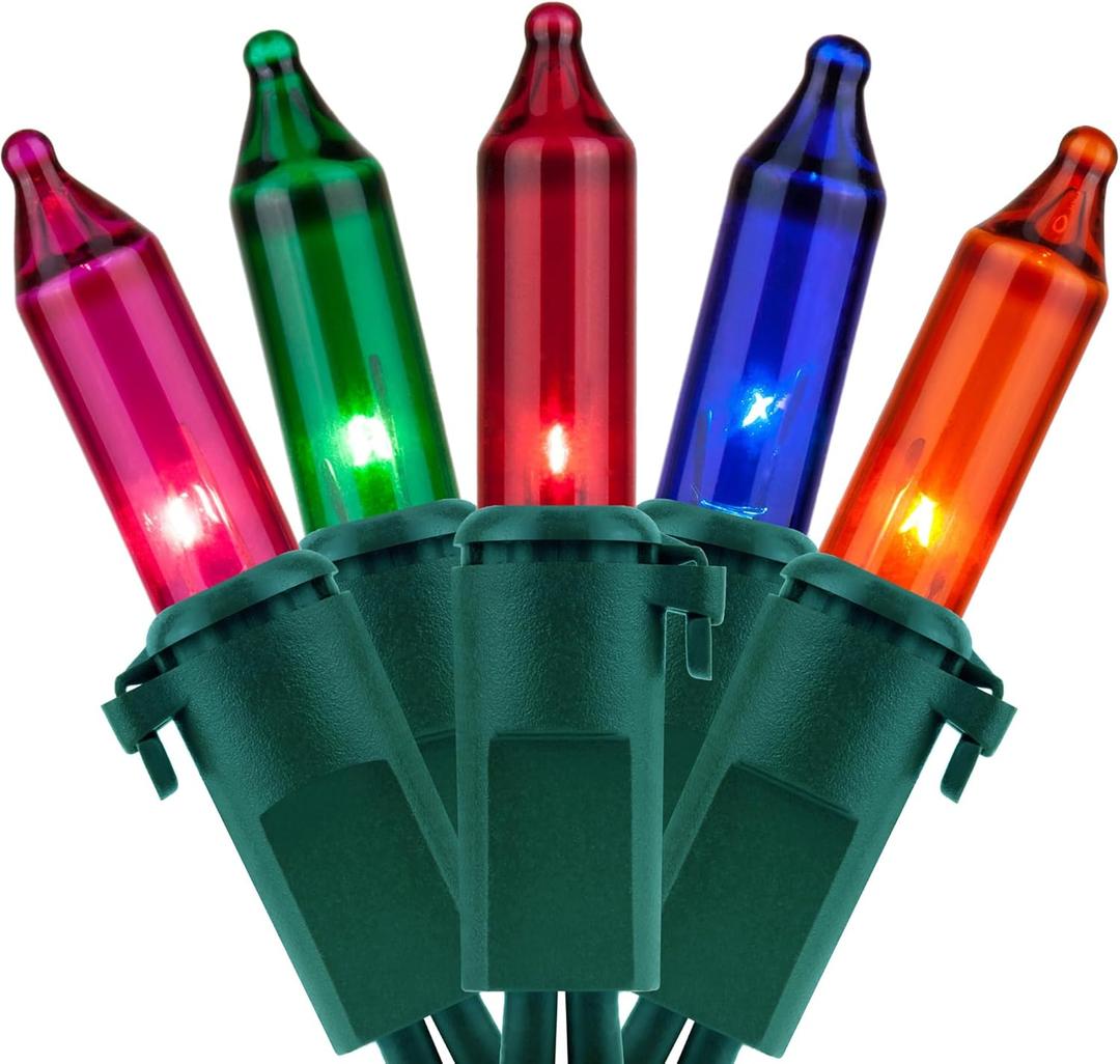 YULETIME 200 Multicolor Christmas Lights, Pack of 2 Sets 33 Feet 100 Count UL Certified Incandescent String Lights (Multicolor - Green Wire)