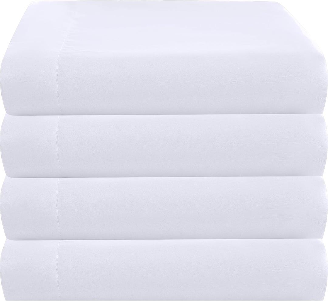 ZPECC King Flat Sheet Only 4 Pack, Durable White Top Bed Sheets Hypoallergenic Soft Brushed Microfiber Color-Coded Hem Threads, 105"x102"
