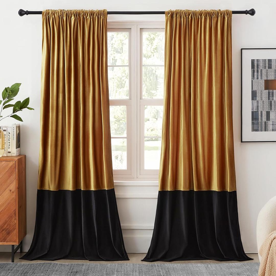 Velvet Curtains 90 inches Long for Living Room Gold Black,2 Panels Blackout Curtains Modern Color Block Back Tab Rod Pocket Soundproof Drapes for Bedroom Window Decor