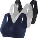 KUCI Maternity Nursing Bra Wireless Cotton Breastfeeding Bra for Sleep (Black+Navy Blue+Grey/ 3Pack, M)