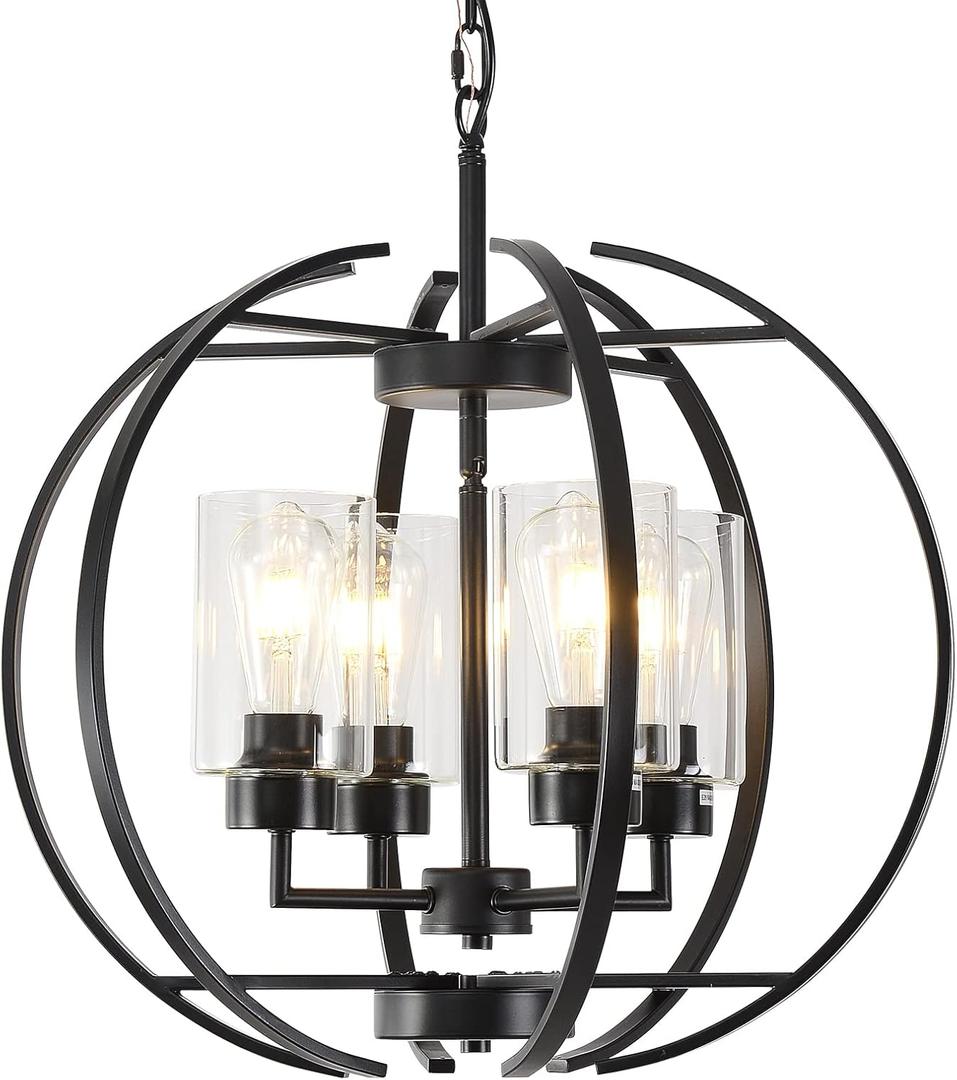 Black Chandelier Lighting with Clear Glass for Dining Room, Farmhouse Hanging Lighting, 4 Lights Globe Ceiling Light Fixture