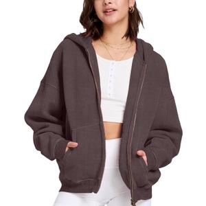Dnzzs Womens Zip Up Hoodie Oversized Acid Wash Sweatshirts Heavyweight Fall Fashion Outfits Casual Jackets Winter Clothes (X-Large, Chocolate)