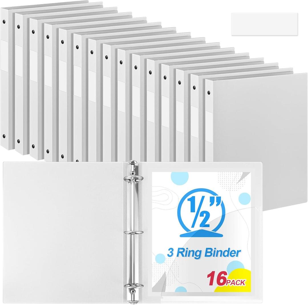 Henoyso 16 Pack 0.5 Inch 3 Ring Binder Round Ring, Bulk 1/2 Inch Binders Hold 140 Sheets with Pocket, Fits Letter Size 8.5" x 11" Paper, Document Organizer for Back to School Classroom Office (White)