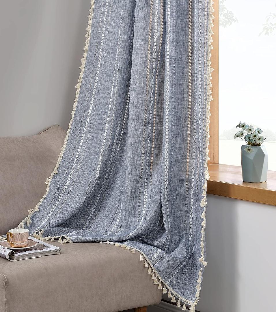 RoomTalks Boho Curtains for Bedroom Living Room 63 Inch Length Light Blue Country Farmhouse Cottage Window Curtain Panels Embroidery Striped Bohemian Tassel Draperies (63L x 52W, Blue)