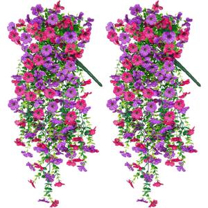 Artificial Hanging Flowers for Outdoors Decorations 2 Pack, Fake Hanging Flowers, UV Resistant Artificial Hanging Plants outdoors for Home Porch Patio Balcony Baskets Yard(Purple & Rose Red)