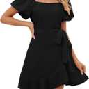 Sampeel Womens Summer Dresses Square Neck Puff Sleeve Tie Waist Short Dress (Black, L)