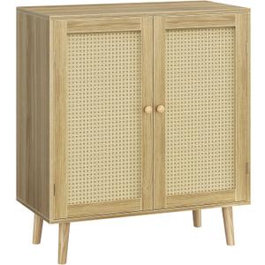 Huuger Buffet Cabinet with Storage, Storage Cabinet with PE Rattan Decor Doors, Accent Sideboard Buffet with Solid Wood Feet, for Hallway, Entry, Living Room, Natural