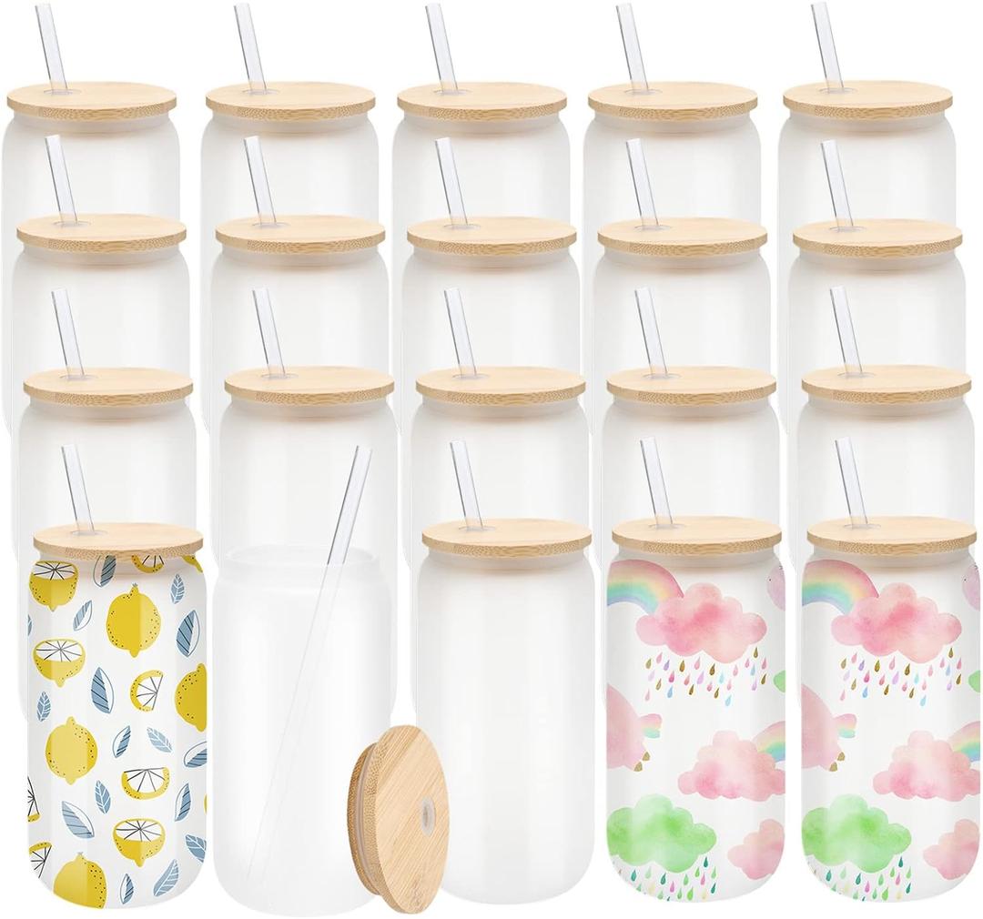20 Pack Sublimation Glass Cups Frosted 16oz Blanks Sublimation Borosilicate Glasses Tumbler with Bamboo Lids and Straws for Beer, Juice, Soda, Iced Coffee, Drinks