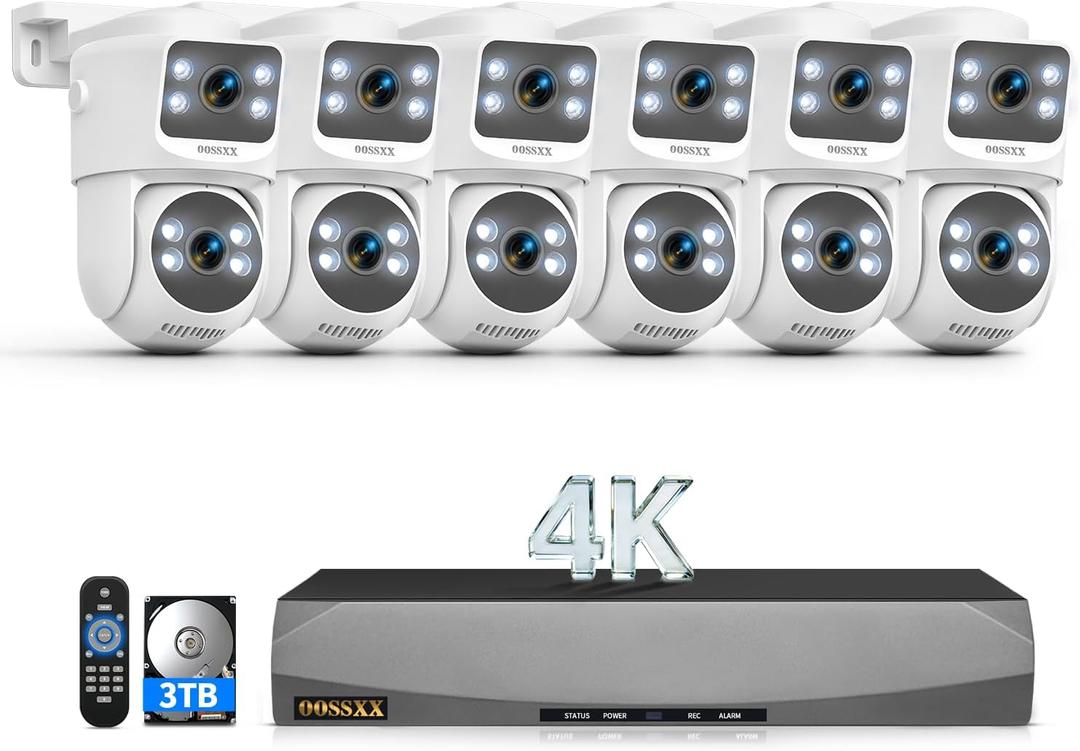 OOSSXX (2026 New) 4K PoE Security Camera System, 8CH NVR with 6 Dual Lens Cameras, Fixed + PTZ Auto Tracking, 130° Wide Angle, AI Human Detection, 2-Way Audio, No Monthly Fee