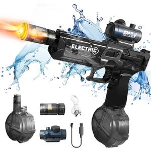 Super Electric Water Gun with Muzzle Flash & Recoil Effect, Powerful 480CC High Capacity Automatic Squirt Guns Up to 32 FT Range for Swimming Pool Party Beach Outdoor Activity, Black