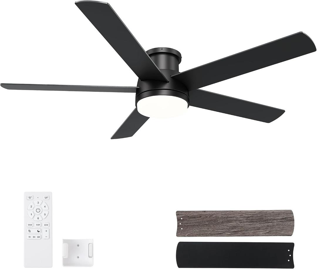 52 Inch Black Ceiling Fan with Light, Flush Mount and Remote Control, Dimmable 3-Color Temperature LED, 6-Speed Reversible DC Motor, 5-Blade Modern Design for Indoor or Outdoor