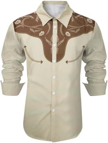 PNORATM Western Shirts for Men Cowboy Shirts Retro Print Long Sleeve Country Shirt Slim Fit Button Down Shirt Casual Work, Size M