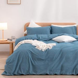 BESTOUCH Duvet Cover Set 100% Washed Cotton Linen Feel Super Soft Comfortable Chic Lightweight 3 PCs Home Bedding Set Solid Dark Blue Queen (Queen (90" x 90"))